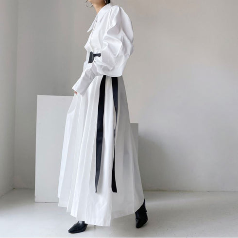 ベルト付きロングワンピース ランタンスリーブ パフスリーブ ホワイト ブルー /レディース モレビー|モード系ファッションブランド