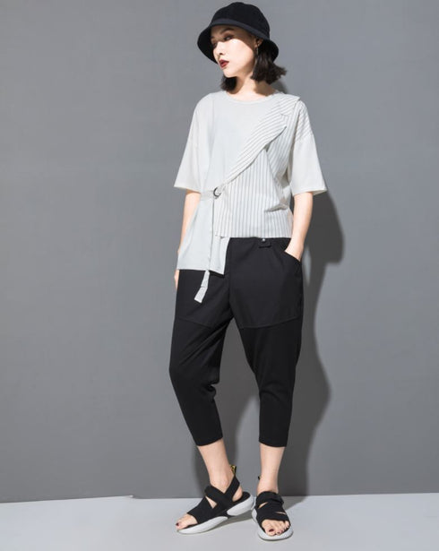 五分袖Tシャツ/カットソー ストライプ アシンメトリー /ユニセックス モレビー|モード系ファッションブランド