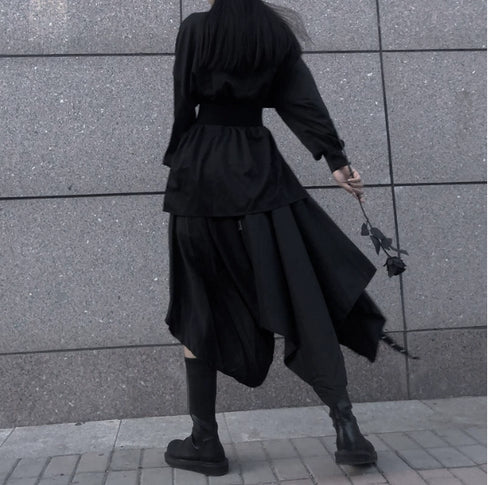 中性的 長袖シャツ ロングスカート ベルト付き ブラック ゴシック /ユニセックス ・メンズ モレビー|モード系ファッションブランド