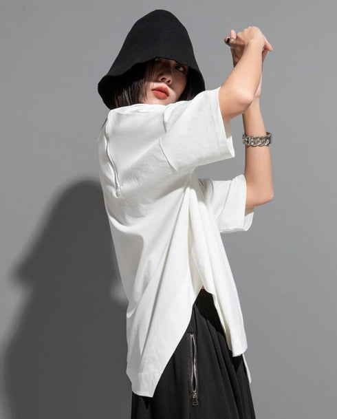 アシンメトリー半袖Tシャツ/カットソー ブラック ホワイト /レディース モレビー|モード系ファッションブランド