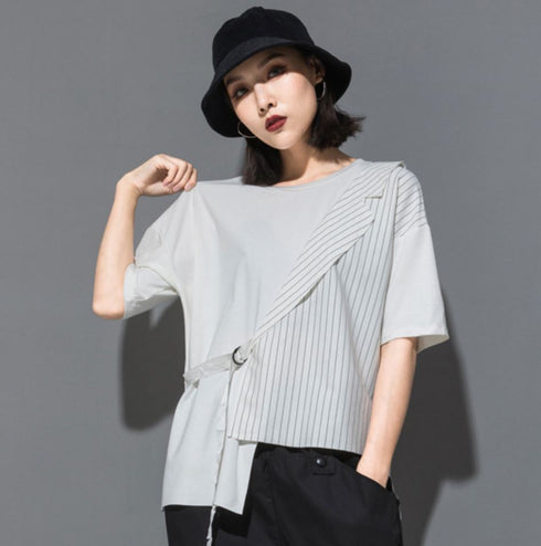 五分袖Tシャツ/カットソー ストライプ アシンメトリー /ユニセックス モレビー|モード系ファッションブランド