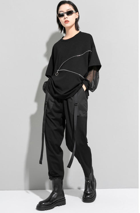 Tメッシュ仕様アシンメトリー長袖Tシャツ/カットソー ファスナー 黒 ブラック /レディース モレビー|モード系ファッションブランド