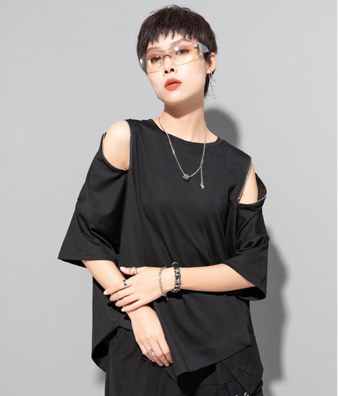 アシンメトリー半袖Tシャツ/カットソー ブラック ホワイト /レディース モレビー|モード系ファッションブランド