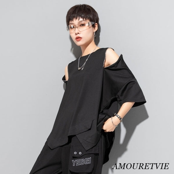 アシンメトリー半袖Tシャツ/カットソー ブラック ホワイト /レディース モレビー|モード系ファッションブランド