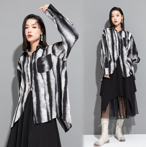 アシンメトリーストライプモノトーン白黒長袖シャツ /ユニセックス モレビー|モード系ファッションブランド