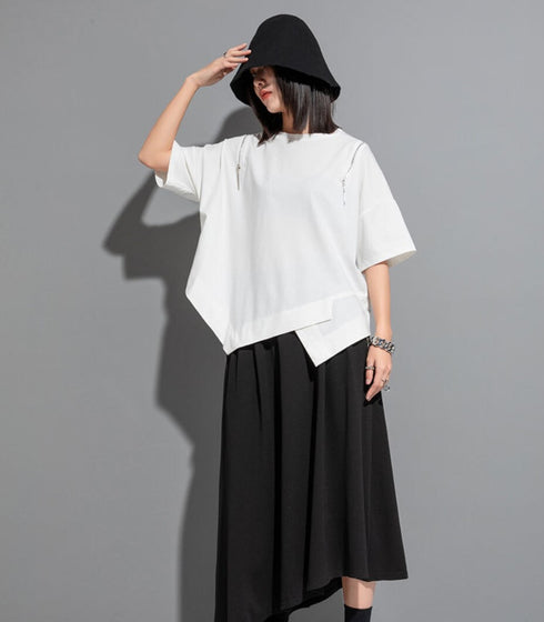 アシンメトリー半袖Tシャツ/カットソー ブラック ホワイト /レディース モレビー|モード系ファッションブランド