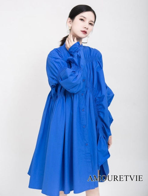 ミディ丈ギャザー仕様ワンピース アシンメトリーシャツワンピース ドレス /レディース モレビー|モード系ファッションブランド