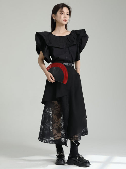 花柄レースロングスカート アシンメトリー /レディース モレビー|モード系ファッションブランド