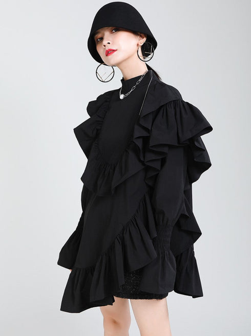 プリーツフリルロングシャツ/ブラウス アシンメトリー ブラック ホワイト /レディース モレビー|モード系ファッションブランド