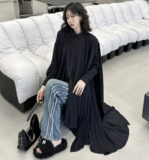 アシンメトリーモダンブラックロングシャツ /レディース モレビー|モード系ファッションブランド