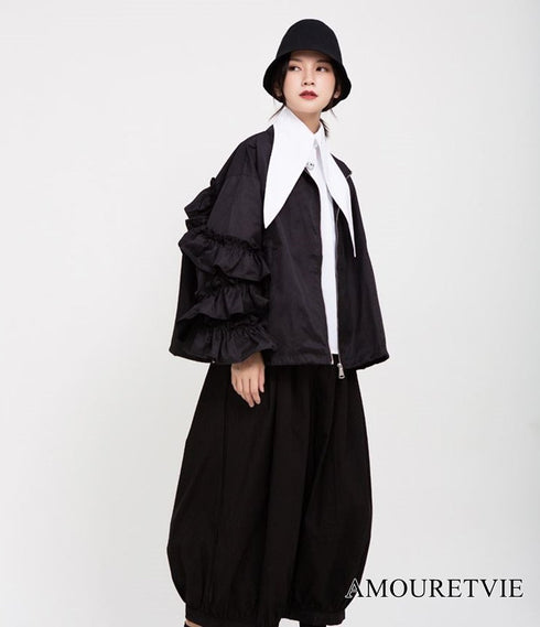 バブルスリーブフリルブルゾン ジャケット 黒 ブラック /レディース モレビー|モード系ファッションブランド