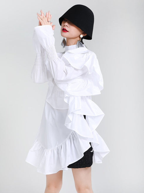 プリーツフリルロングシャツ/ブラウス アシンメトリー ブラック ホワイト /レディース モレビー|モード系ファッションブランド