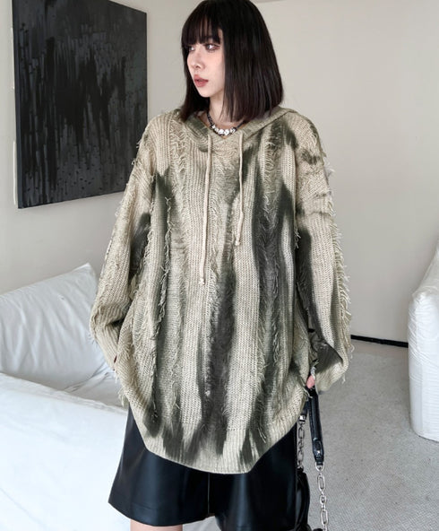 ストライプ調ダメージ加工ニットパーカー/スウェット /レディース モレビー|モード系ファッションブランド