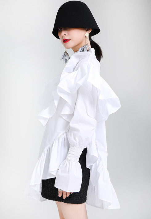プリーツフリルロングシャツ/ブラウス アシンメトリー ブラック ホワイト /レディース モレビー|モード系ファッションブランド