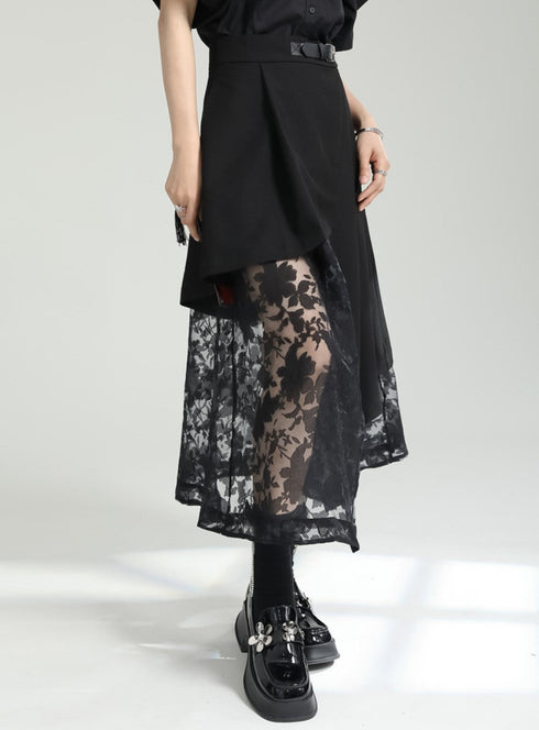 花柄レースロングスカート アシンメトリー /レディース モレビー|モード系ファッションブランド
