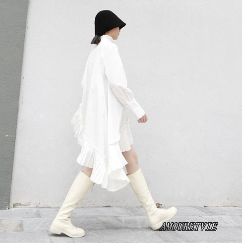 ミディ丈プリーツ仕様アシンメトリーワンピース フリル /レディース モレビー|モード系ファッションブランド