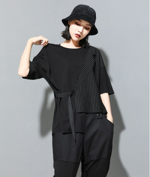 五分袖Tシャツ/カットソー ストライプ アシンメトリー /ユニセックス モレビー|モード系ファッションブランド