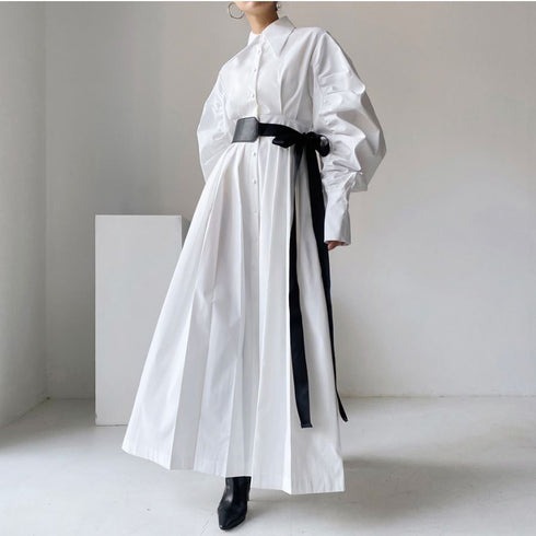 ベルト付きロングワンピース ランタンスリーブ パフスリーブ ホワイト ブルー /レディース モレビー|モード系ファッションブランド