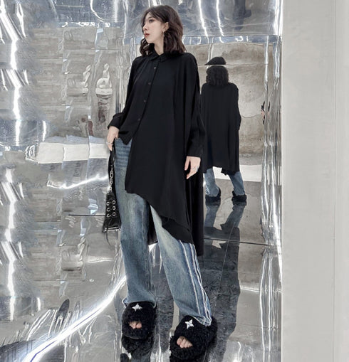 アシンメトリーモダンブラックロングシャツ /レディース モレビー|モード系ファッションブランド