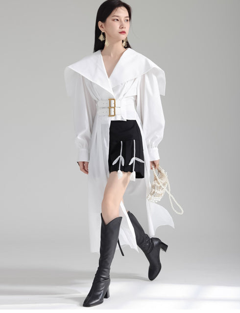 モダンアシンメトリーロングシャツ ブラック ホワイト /レディース モレビー|モード系ファッションブランド