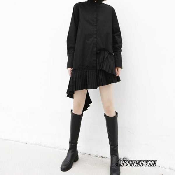 ミディ丈プリーツ仕様アシンメトリーワンピース フリル /レディース モレビー|モード系ファッションブランド