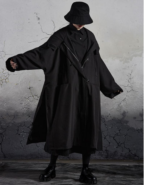 モダンブラックロングコート フード付き /ユニセックス ・メンズ モレビー|モード系ファッションブランド