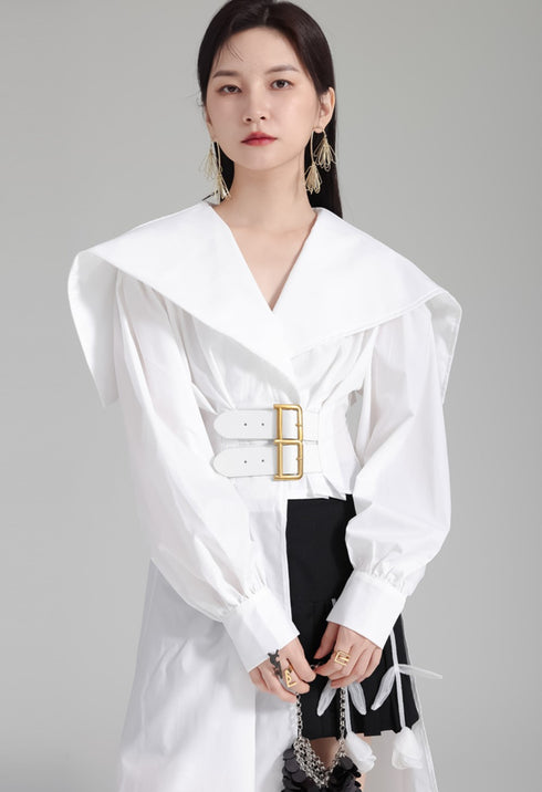 モダンアシンメトリーロングシャツ ブラック ホワイト /レディース モレビー|モード系ファッションブランド