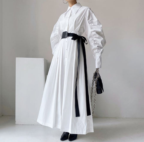 ベルト付きロングワンピース ランタンスリーブ パフスリーブ ホワイト ブルー /レディース モレビー|モード系ファッションブランド