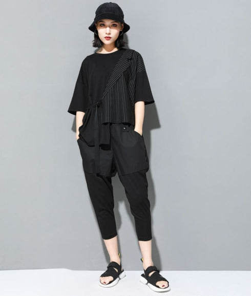 五分袖Tシャツ/カットソー ストライプ アシンメトリー /ユニセックス モレビー|モード系ファッションブランド