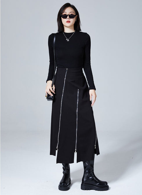 アシンメトリーファスナースタイルロングスカート ブラック 黒 /レディース モレビー|モード系ファッションブランド