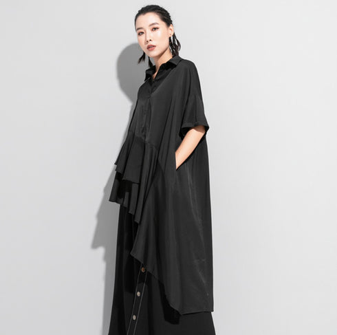プリーツ仕様アシンメトリーロングシャツ /レディース モレビー|モード系ファッションブランド