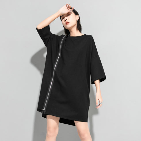 アシンメトリーブラックロングTシャツ おしゃれ モダン 個性 無地 /レディース モレビー|モード系ファッションブランド