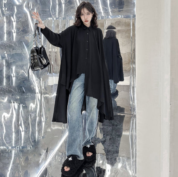 アシンメトリーモダンブラックロングシャツ /レディース モレビー|モード系ファッションブランド
