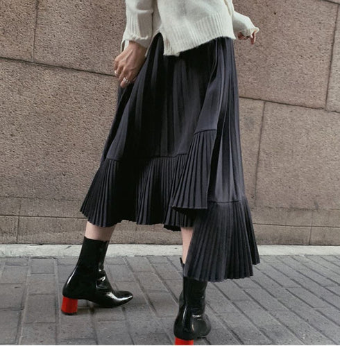 レイヤード風アシンメトリープリーツロングスカート ブラック 黒 /レディース モレビー|モード系ファッションブランド