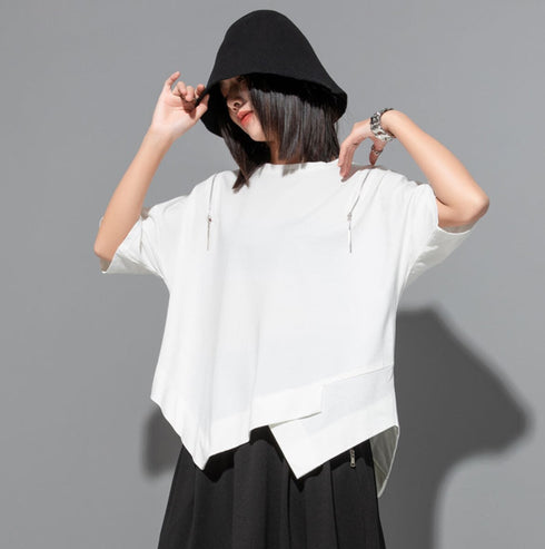 アシンメトリー半袖Tシャツ/カットソー ブラック ホワイト /レディース モレビー|モード系ファッションブランド