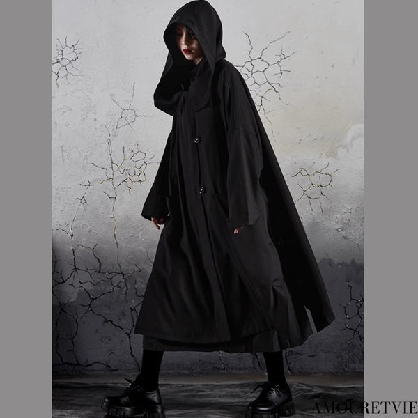 モダンブラックロングコート フード付き /ユニセックス ・メンズ モレビー|モード系ファッションブランド