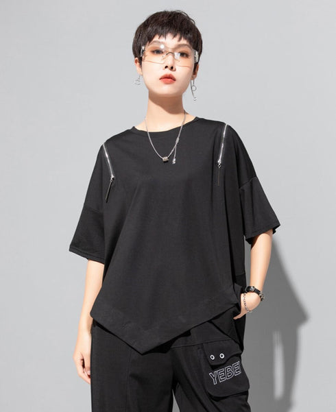 アシンメトリー半袖Tシャツ/カットソー ブラック ホワイト /レディース モレビー|モード系ファッションブランド