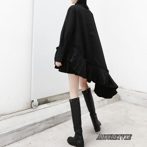 ミディ丈プリーツ仕様アシンメトリーワンピース フリル /レディース モレビー|モード系ファッションブランド