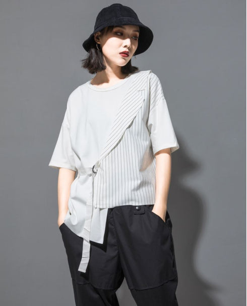 五分袖Tシャツ/カットソー ストライプ アシンメトリー /ユニセックス モレビー|モード系ファッションブランド