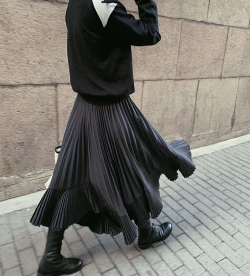 レイヤード風アシンメトリープリーツロングスカート ブラック 黒 /レディース モレビー|モード系ファッションブランド