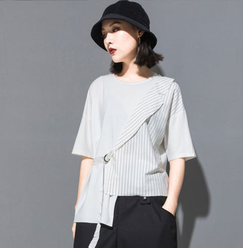 五分袖Tシャツ/カットソー ストライプ アシンメトリー /ユニセックス モレビー|モード系ファッションブランド