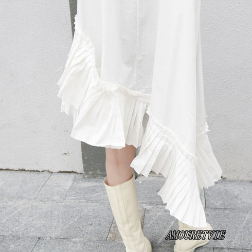 ミディ丈プリーツ仕様アシンメトリーワンピース フリル /レディース モレビー|モード系ファッションブランド