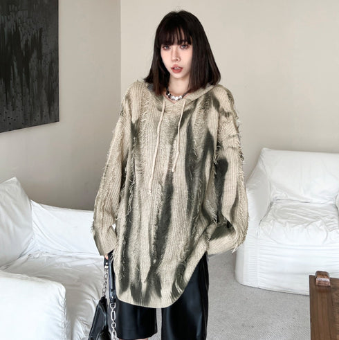 ストライプ調ダメージ加工ニットパーカー/スウェット /レディース モレビー|モード系ファッションブランド