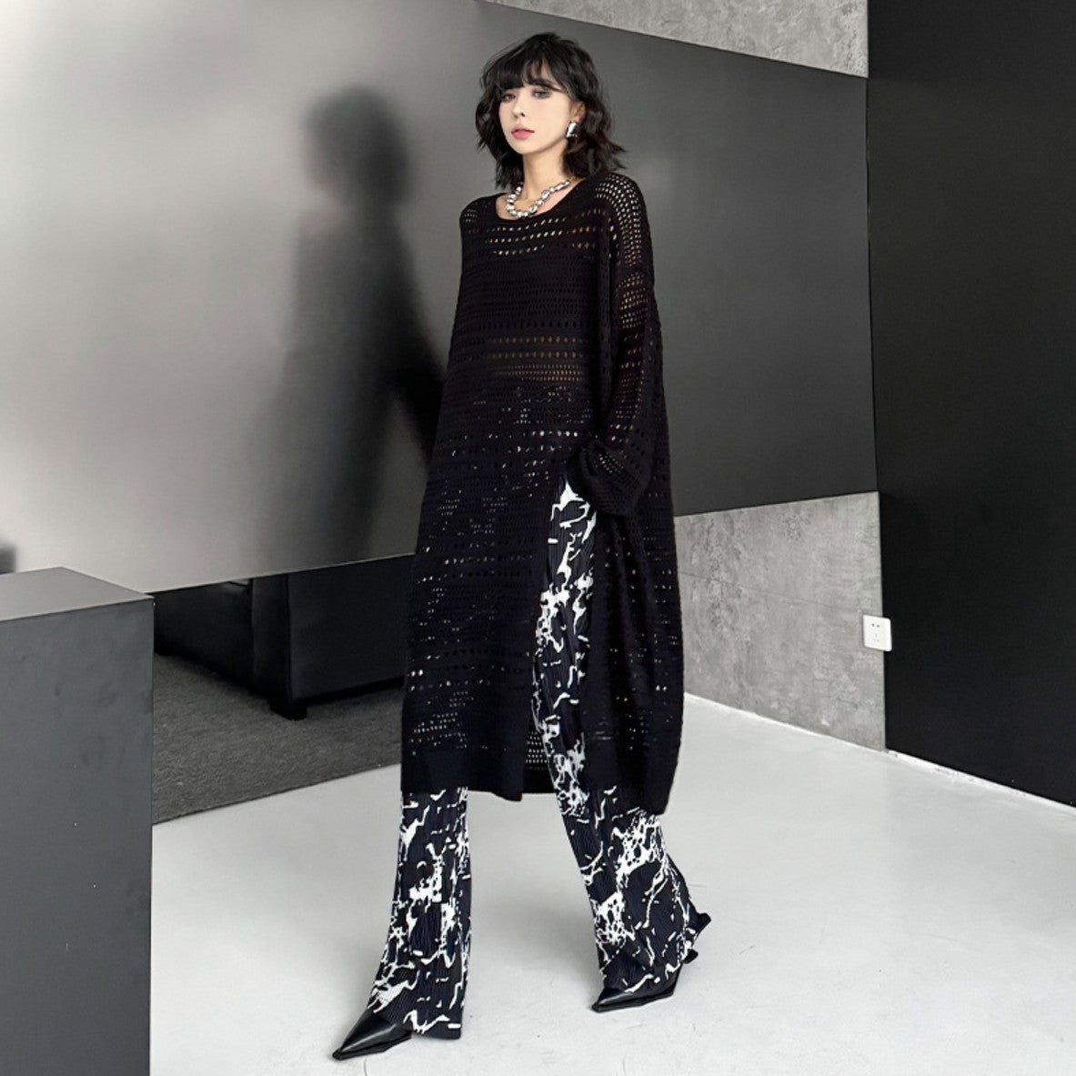 ［O3］アシメトリー クロススリット ロングシャツ モード 韓国 A アシメ アシンメトリー ロング シャツ モード ファッション