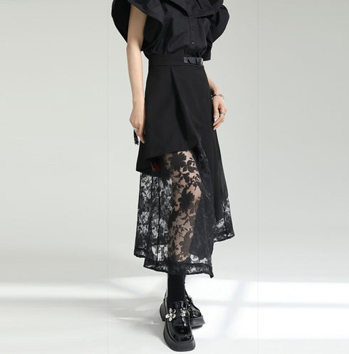 花柄レースロングスカート アシンメトリー /レディース モレビー|モード系ファッションブランド