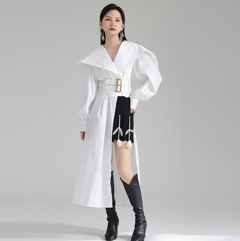 モダンアシンメトリーロングシャツ ブラック ホワイト /レディース モレビー|モード系ファッションブランド