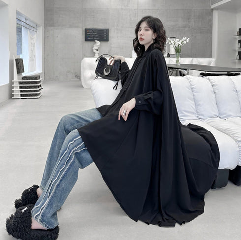 アシンメトリーモダンブラックロングシャツ /レディース モレビー|モード系ファッションブランド