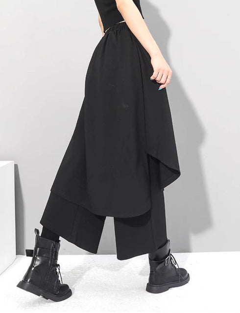 中性的 アシンメトリー袴パンツ フェイクレイヤード ブラック 9分丈 /ユニセックス ・メンズ モレビー|モード系ファッションブランド