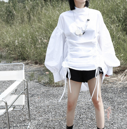 ギャザー仕様長袖ロングシャツ バルーンスリーブ ランタンスリーブ /レディース モレビー|モード系ファッションブランド