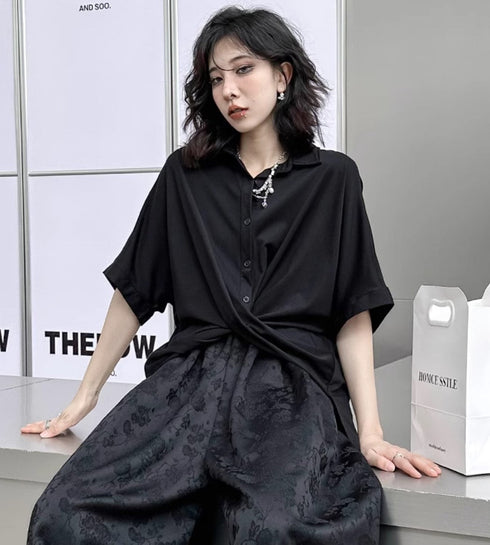 クロスヘム半袖シャツ/ブラウス ブラック /レディース モレビー|モード系ファッションブランド